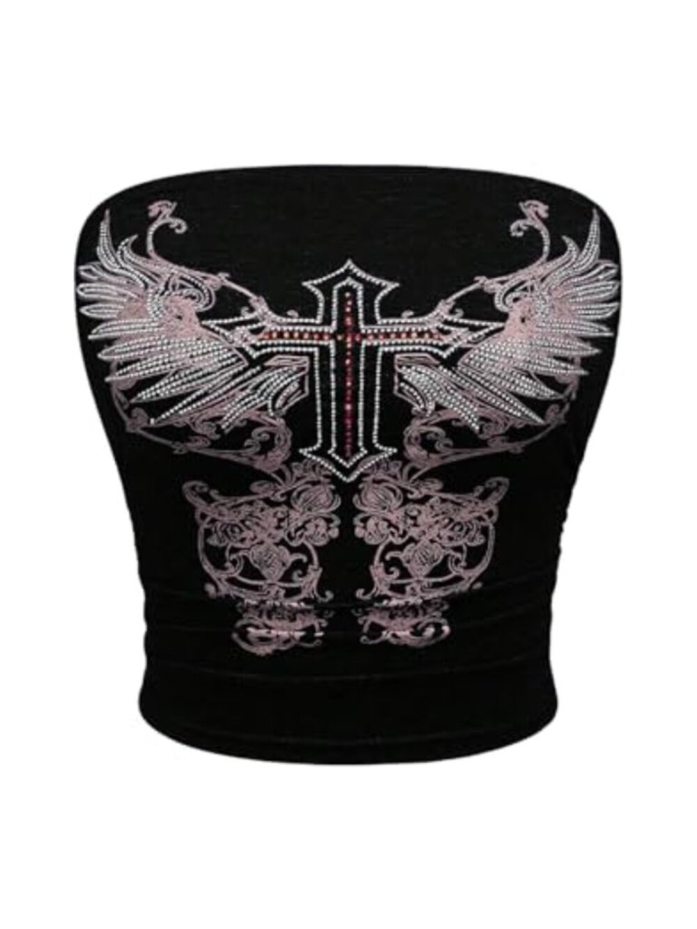 Graphic Rhinestone Tube Top Strapless Crop Bandeau Punk Y2K